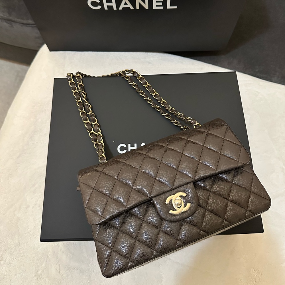 Chanel Small Classic Flap Dark Chocolate Brown Caviar w/ Gold/Champagne Hardware